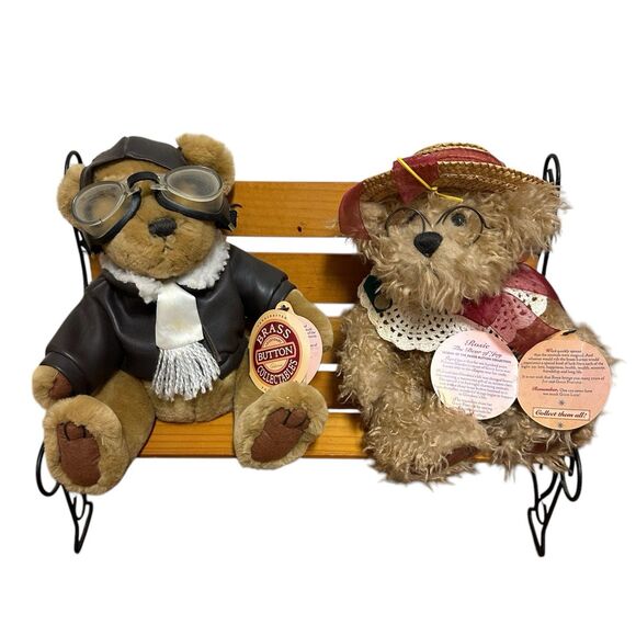 Vtg Brass Button Bears Rosie & Radar W/Bench 1997 Legendary Collection Cottage